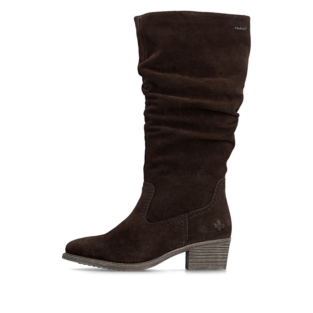 Rieker 73159-25 women's brown suede side zip mid-calf boots, inner side view.