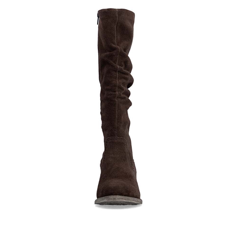 Rieker 73159-25 women's brown suede side zip mid-calf boots, front view.