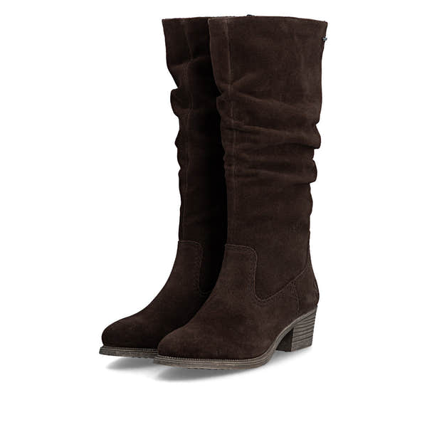 Rieker 73159-25 women's brown suede side zip mid-calf boots, paired three-quarter view.