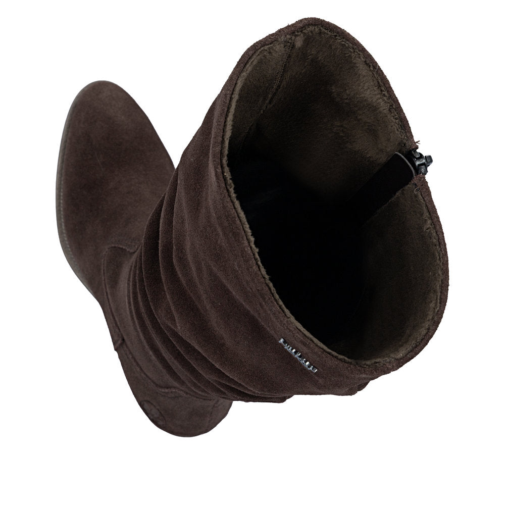 Rieker 73159-25 women's brown suede side zip mid-calf boots, two-angle product view.