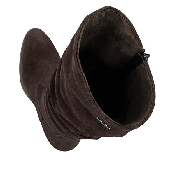 Rieker 73159-25 women's brown suede side zip mid-calf boots, two-angle product view.