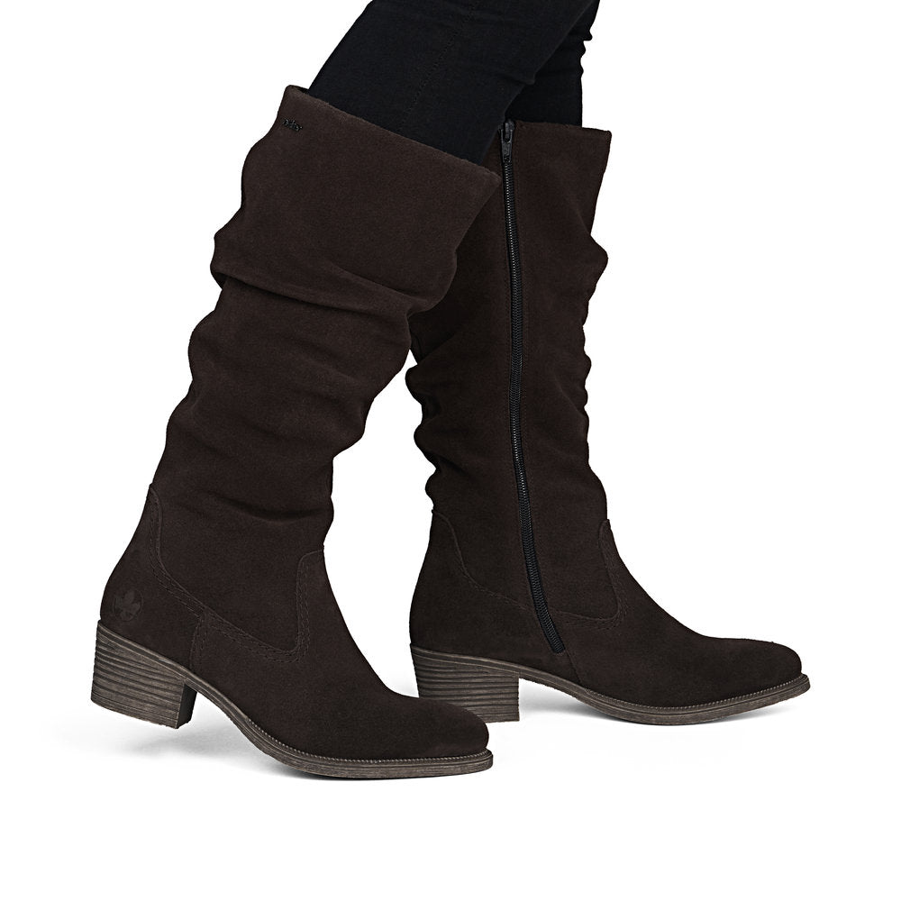 Rieker 73159-25 women's brown suede side zip mid-calf boots, on-foot lifestyle view.