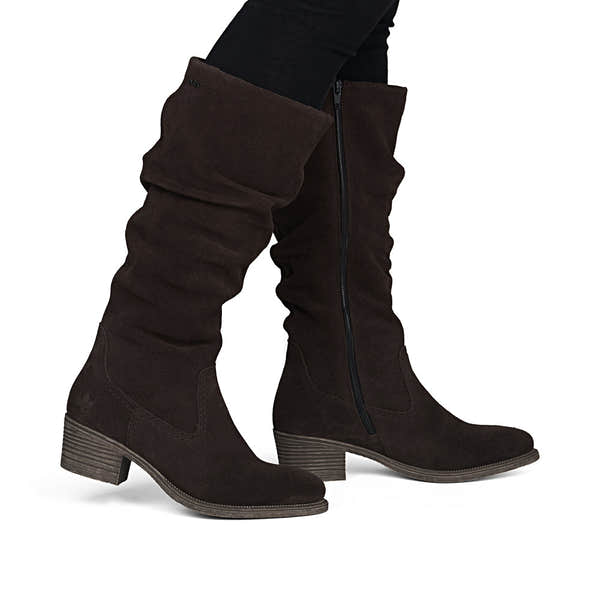 Rieker 73159-25 women's brown suede side zip mid-calf boots, on-foot lifestyle view.