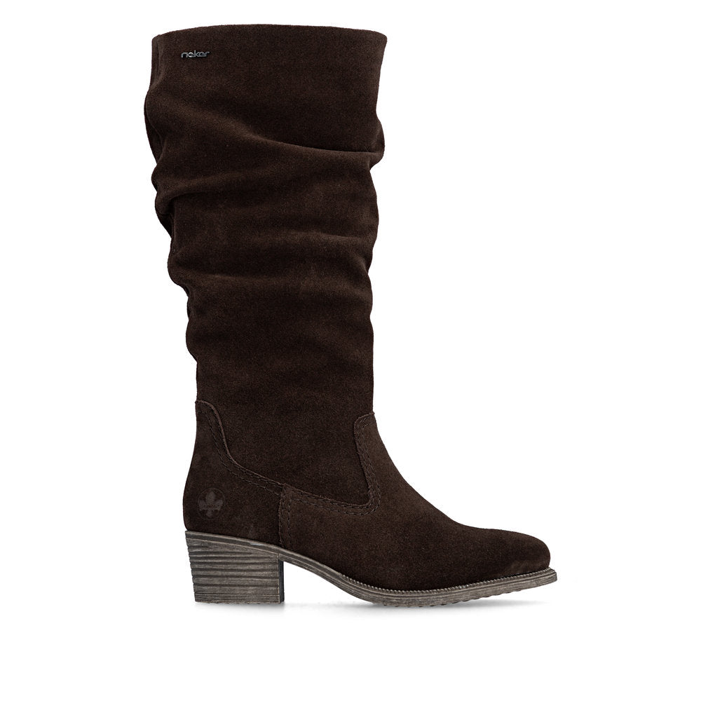 Rieker 73159-25 women's brown suede side zip mid-calf boots, opposite side view.