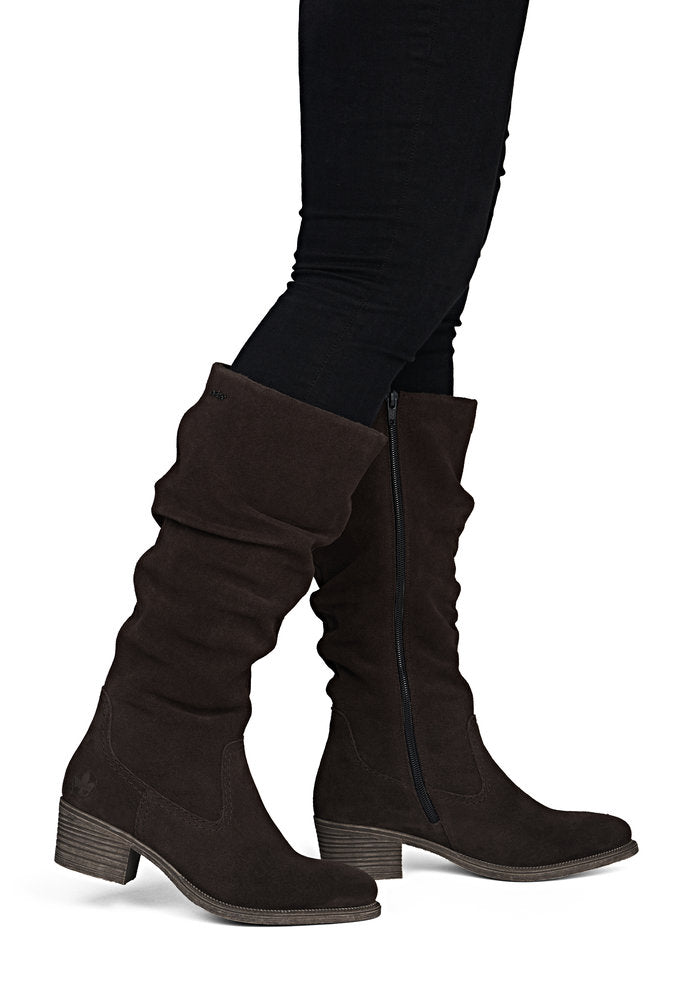 Rieker 73159-25 women's brown suede side zip mid-calf boots, on-foot lifestyle view.