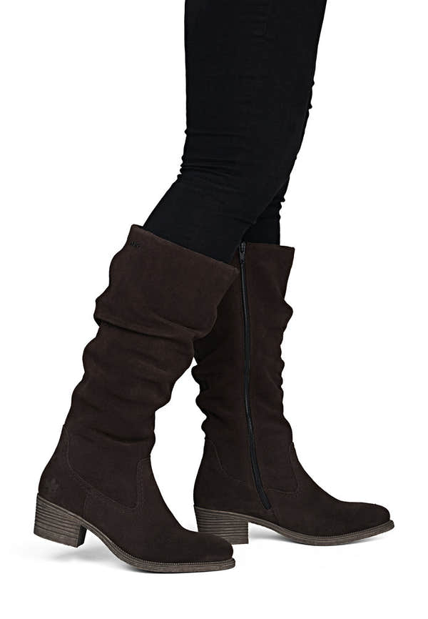 Rieker 73159-25 women's brown suede side zip mid-calf boots, on-foot lifestyle view.