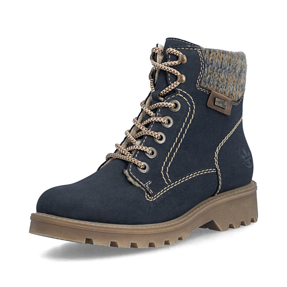 Rieker 73220-14 women's navy/grey water resistant zip & lace ankle boots, front three-quarter view.