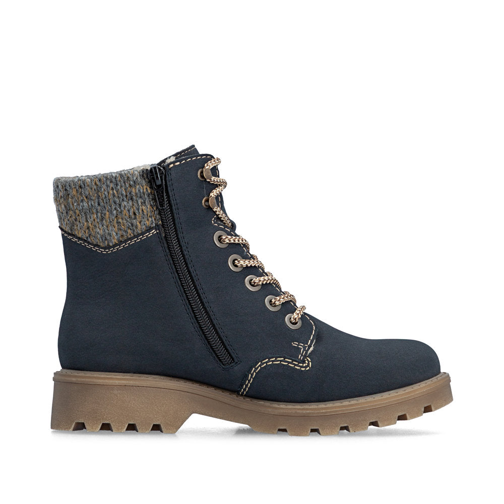 Rieker 73220-14 women's navy/grey water resistant zip & lace ankle boots, outer side view.