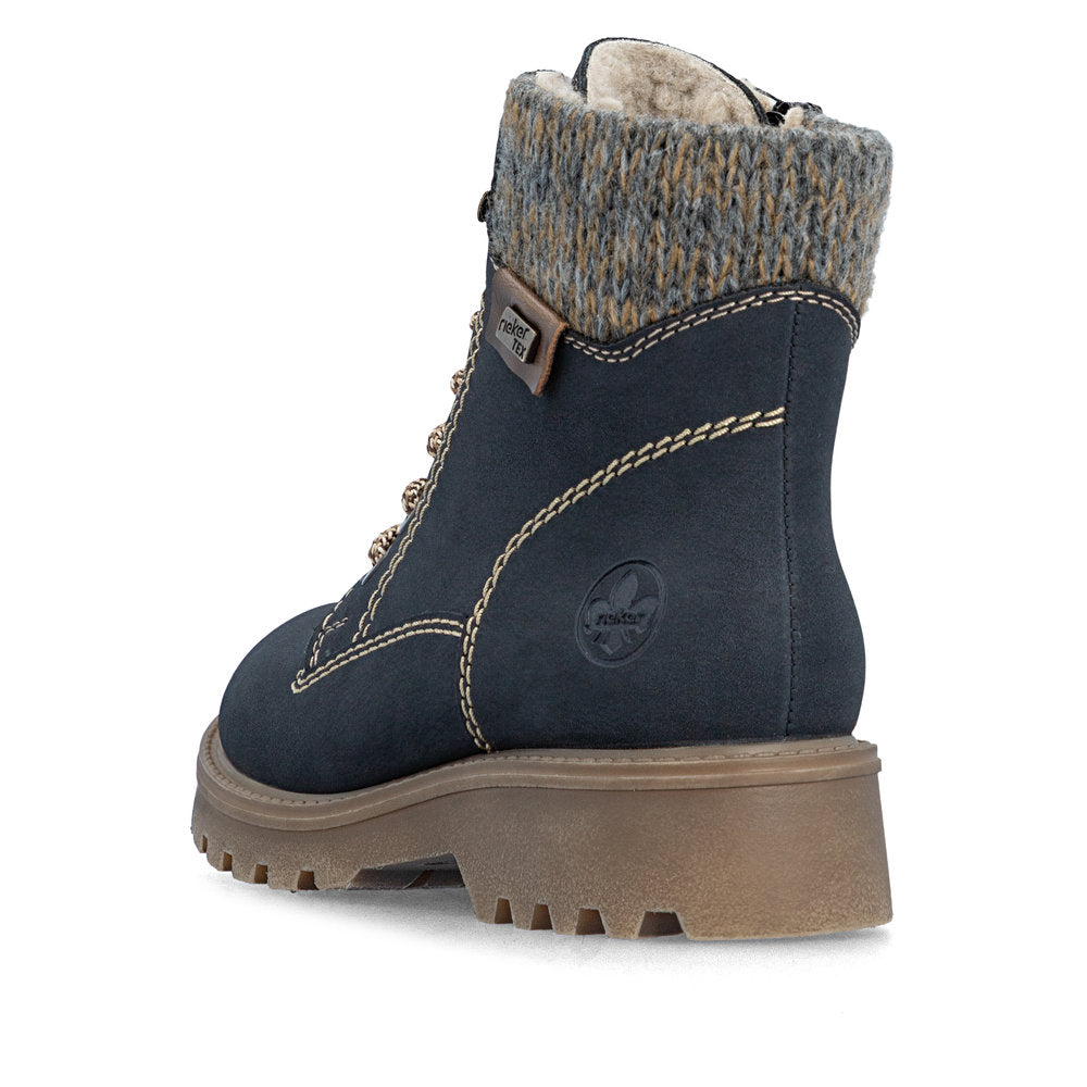 Rieker 73220-14 women's navy/grey water resistant zip & lace ankle boots, rear three-quarter view.