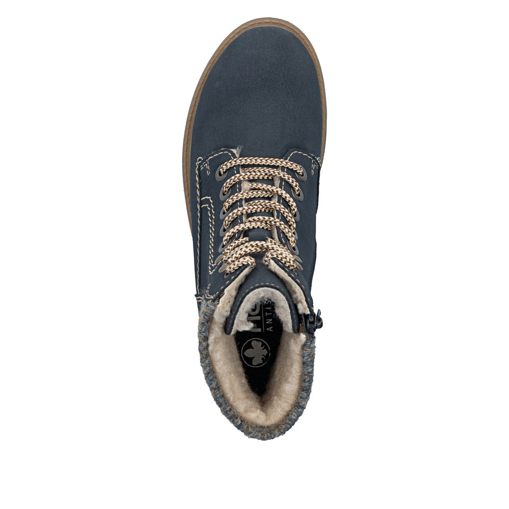 Rieker 73220-14 women's navy/grey water resistant zip & lace ankle boots, top view.