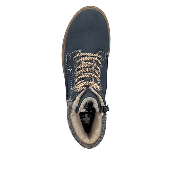 Rieker 73220-14 women's navy/grey water resistant zip & lace ankle boots, top view.