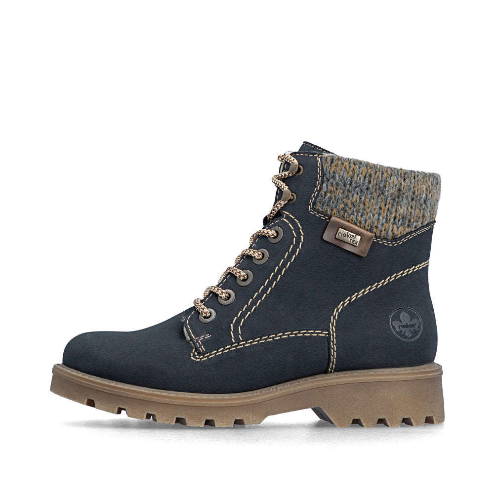 Rieker 73220-14 women's navy/grey water resistant zip & lace ankle boots, inner side view.