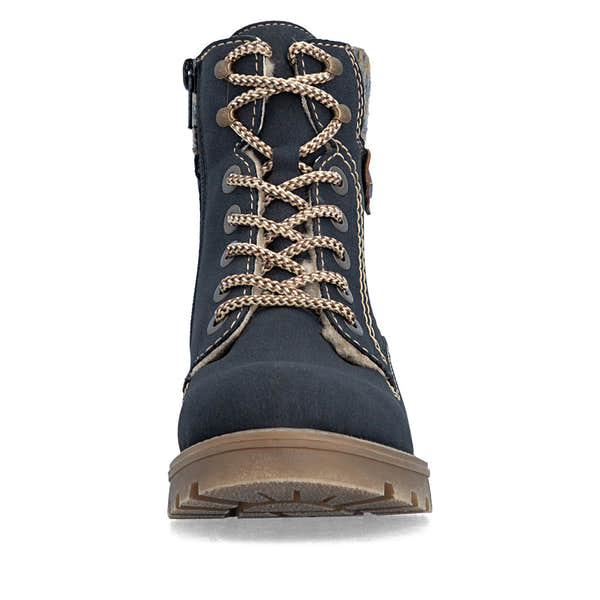 Rieker 73220-14 women's navy/grey water resistant zip & lace ankle boots, front view.
