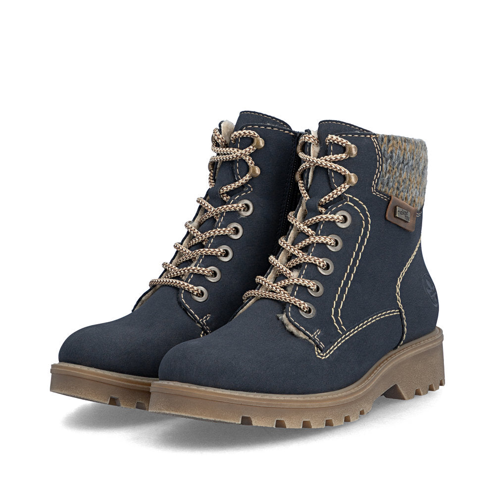 Rieker 73220-14 women's navy/grey water resistant zip & lace ankle boots, paired three-quarter view.