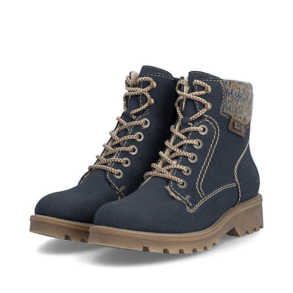 Rieker 73220-14 women's navy/grey water resistant zip & lace ankle boots, paired three-quarter view.