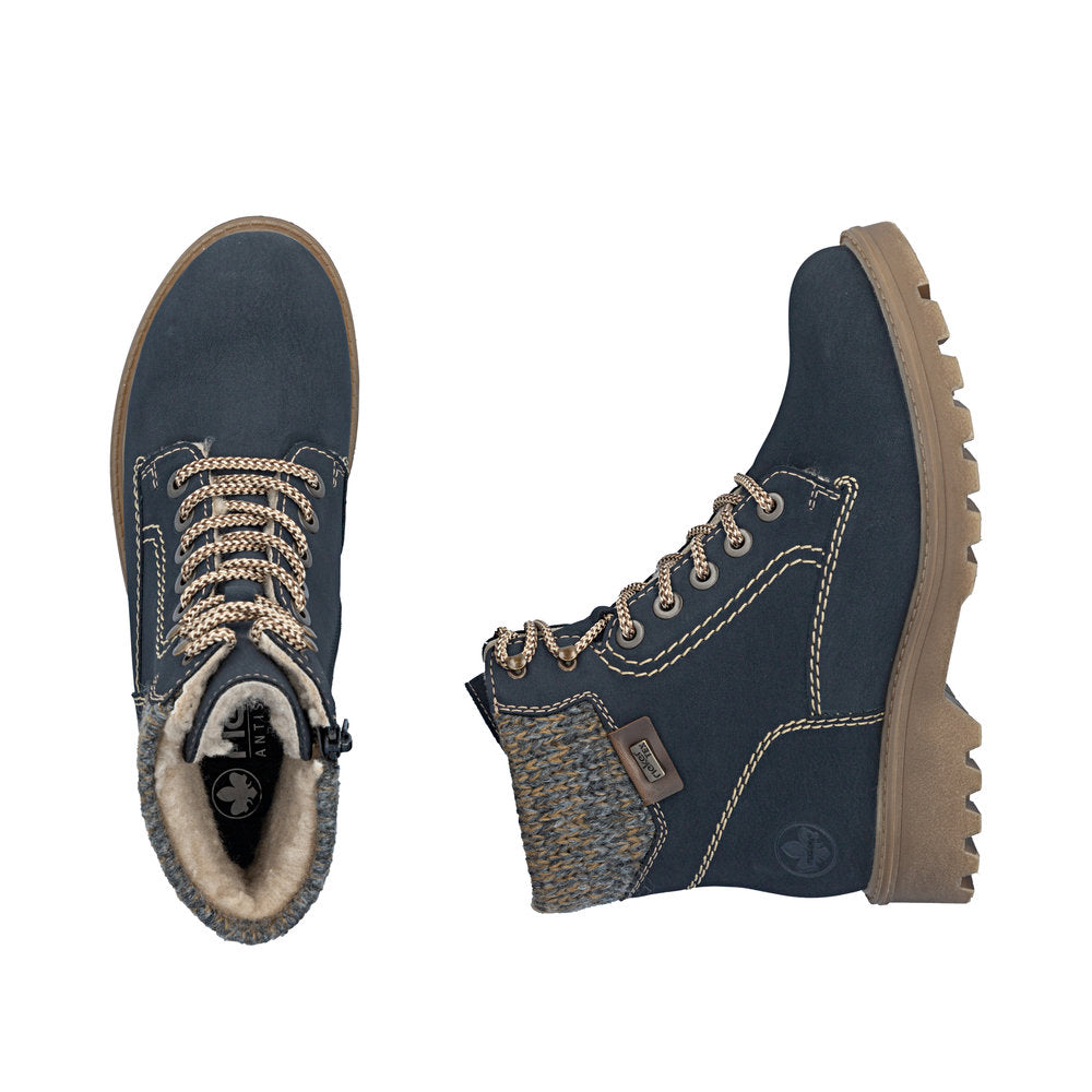 Rieker 73220-14 women's navy/grey water resistant zip & lace ankle boots, two-angle product view.