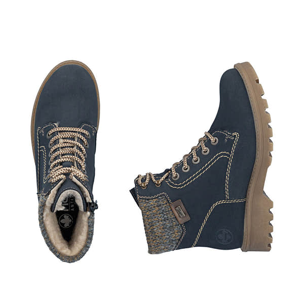 Rieker 73220-14 women's navy/grey water resistant zip & lace ankle boots, two-angle product view.