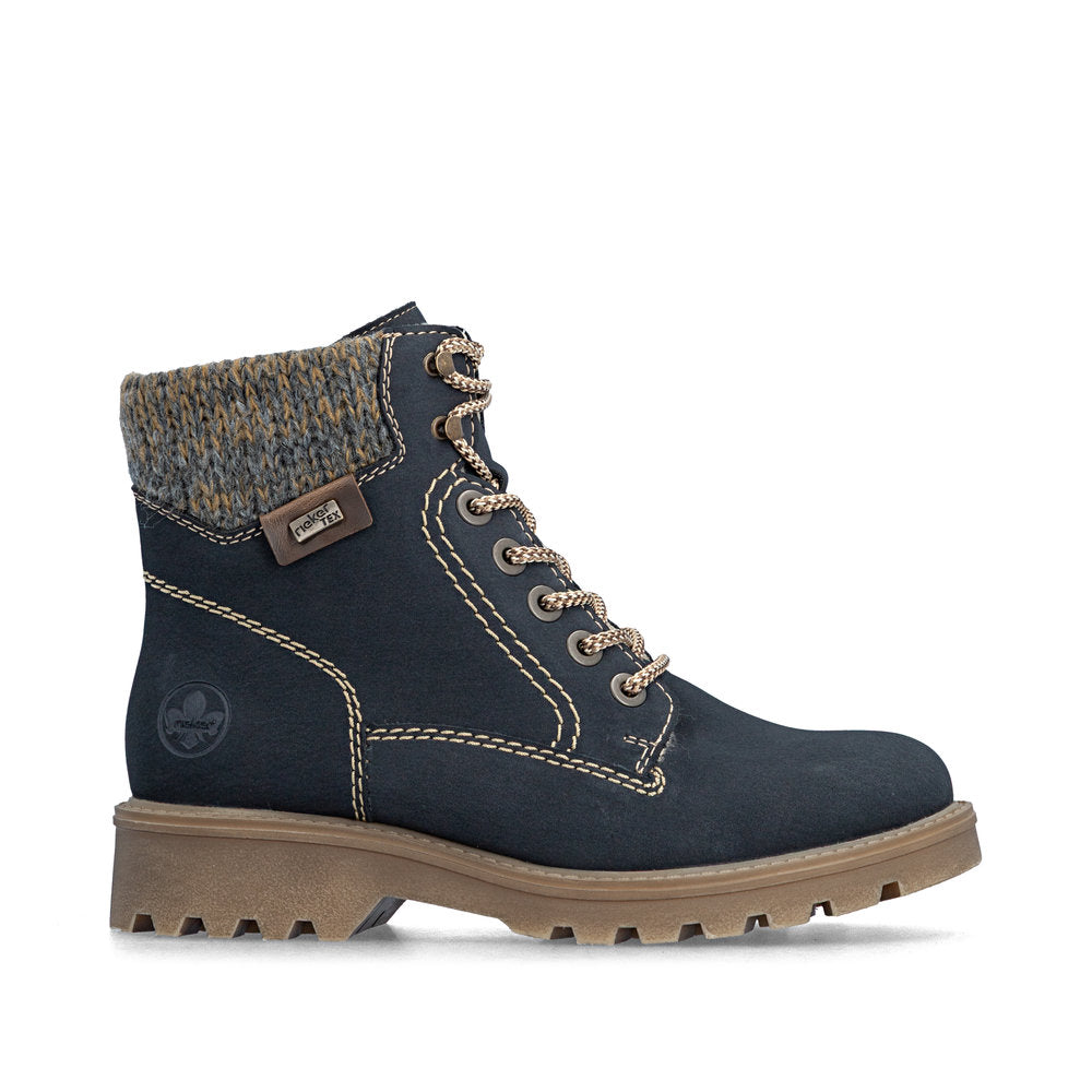 Rieker 73220-14 women's navy/grey water resistant zip & lace ankle boots, opposite side view.