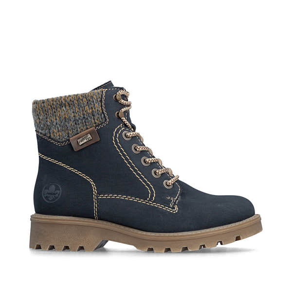 Rieker 73220-14 women's navy/grey water resistant zip & lace ankle boots, opposite side view.