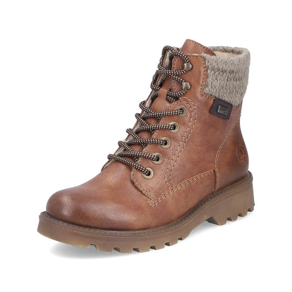 Rieker 73220-24 women's brown water resistant zip & lace ankle boots, front three-quarter view.