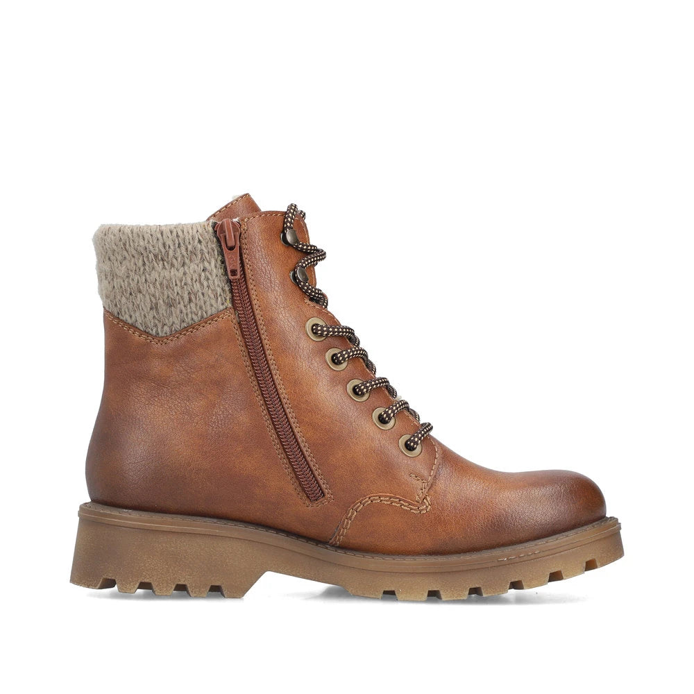 Rieker 73220-24 women's brown water resistant zip & lace ankle boots, outer side view.