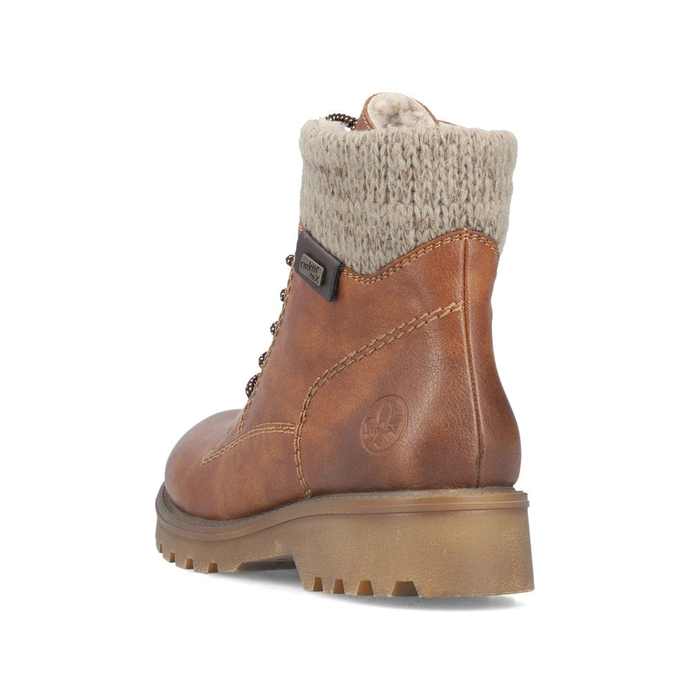 Rieker 73220-24 women's brown water resistant zip & lace ankle boots, rear three-quarter view.