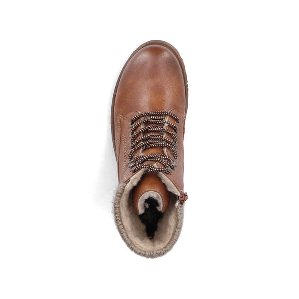 Rieker 73220-24 women's brown water resistant zip & lace ankle boots, top view.