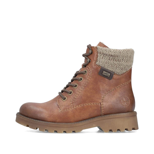 Rieker 73220-24 women's brown water resistant zip & lace ankle boots, inner side view.