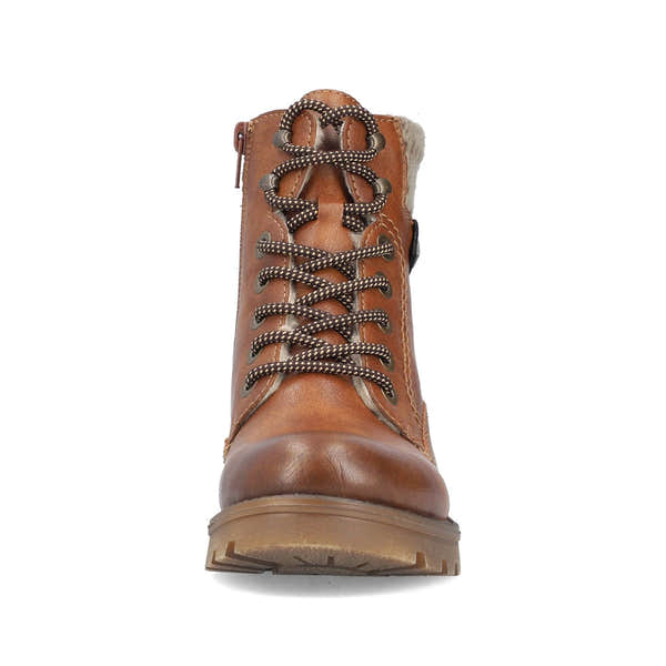 Rieker 73220-24 women's brown water resistant zip & lace ankle boots, front view.
