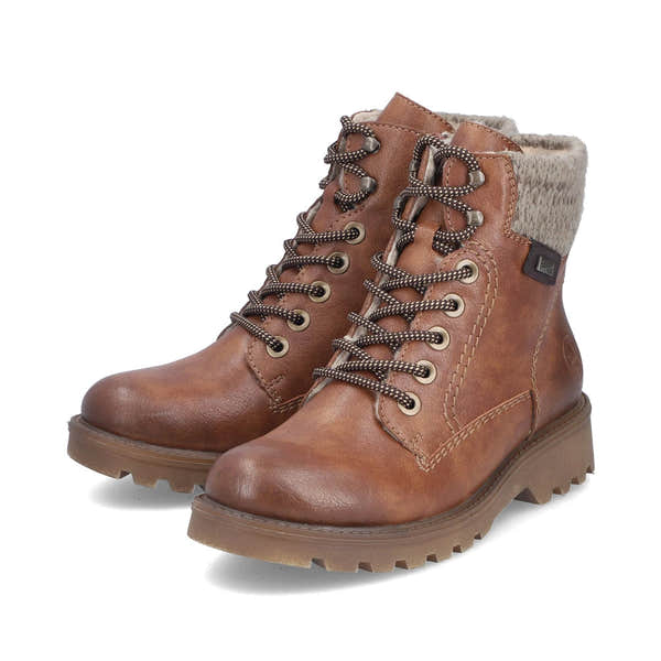Rieker 73220-24 women's brown water resistant zip & lace ankle boots, paired three-quarter view.