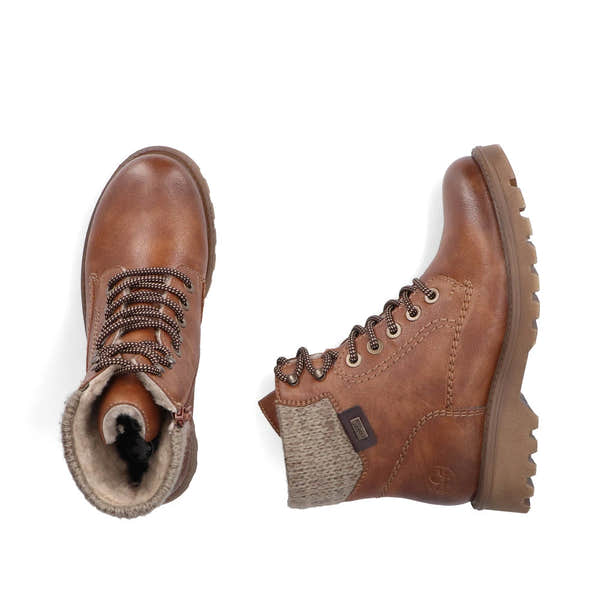 Rieker 73220-24 women's brown water resistant zip & lace ankle boots, two-angle product view.