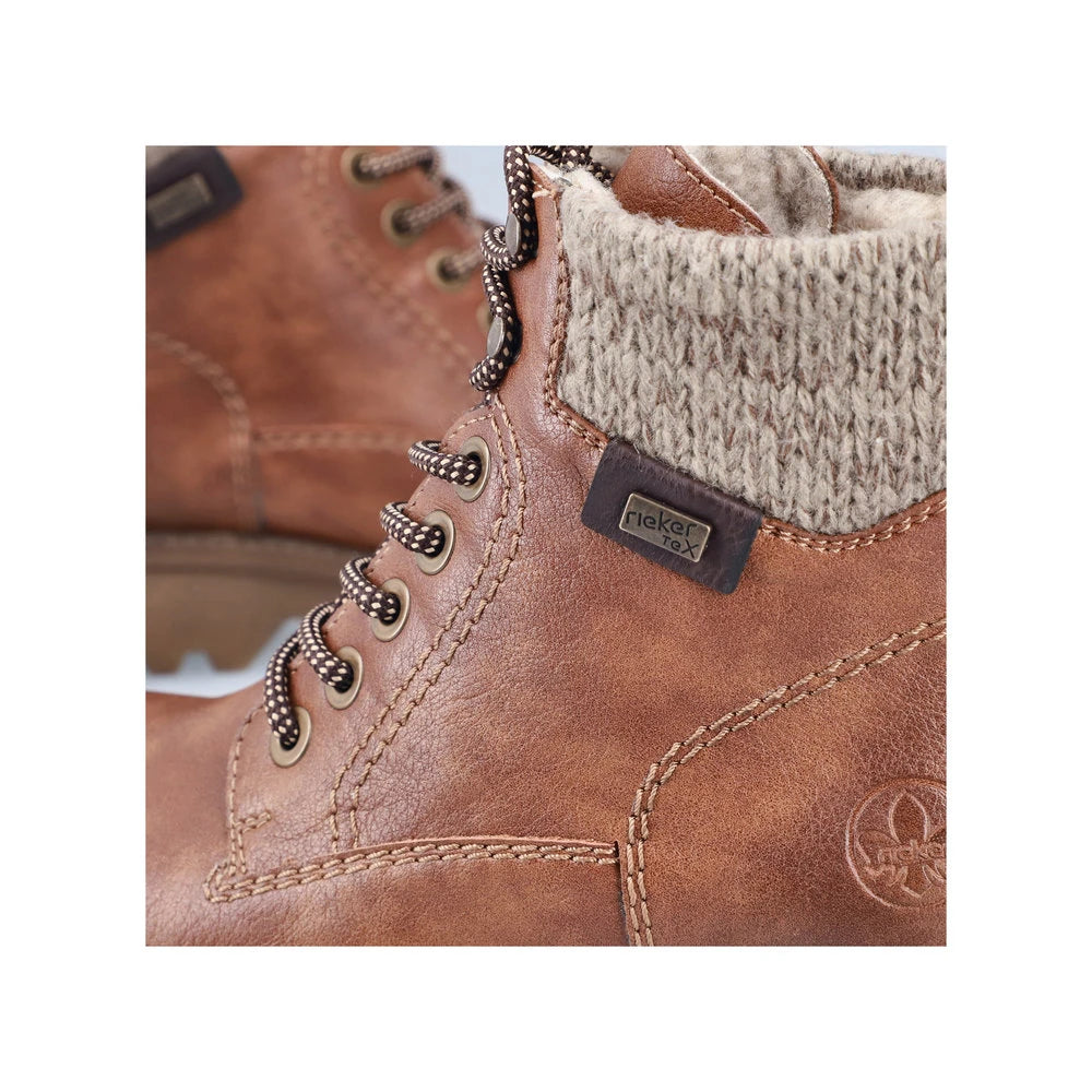 Rieker 73220-24 women's brown water resistant zip & lace ankle boots, lifestyle view.