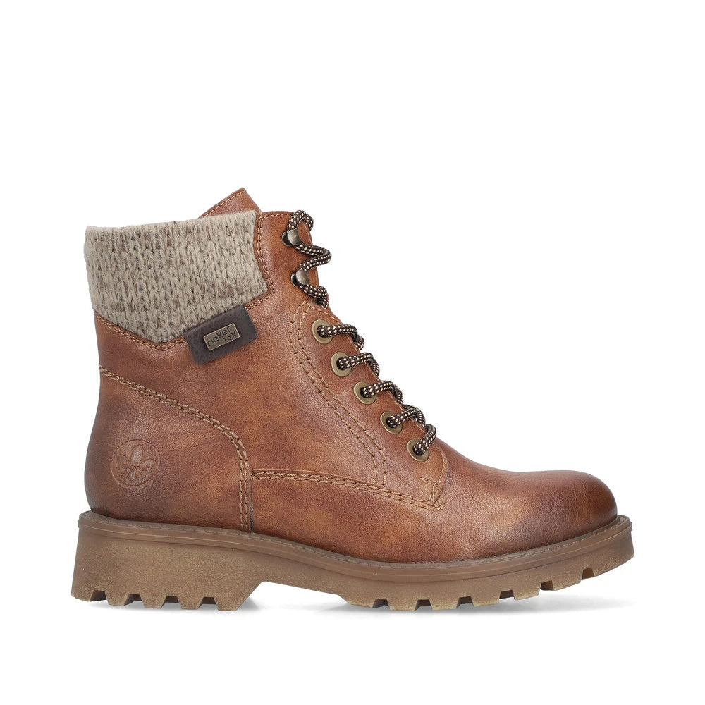 Rieker 73220-24 women's brown water resistant zip & lace ankle boots, opposite side view.