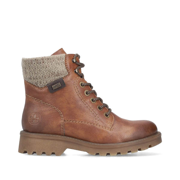 Rieker 73220-24 women's brown water resistant zip & lace ankle boots, opposite side view.