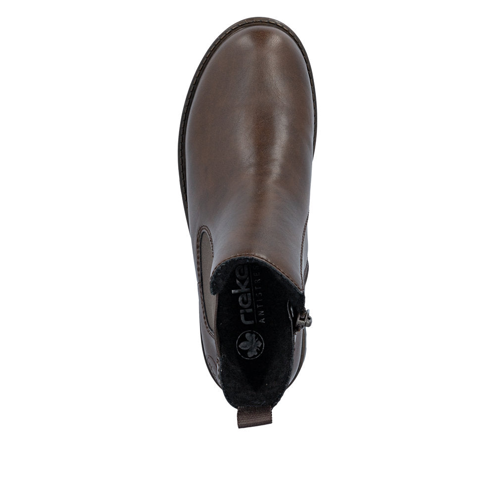 Rieker 73250-25 women's brown side zip ankle boots, top view.