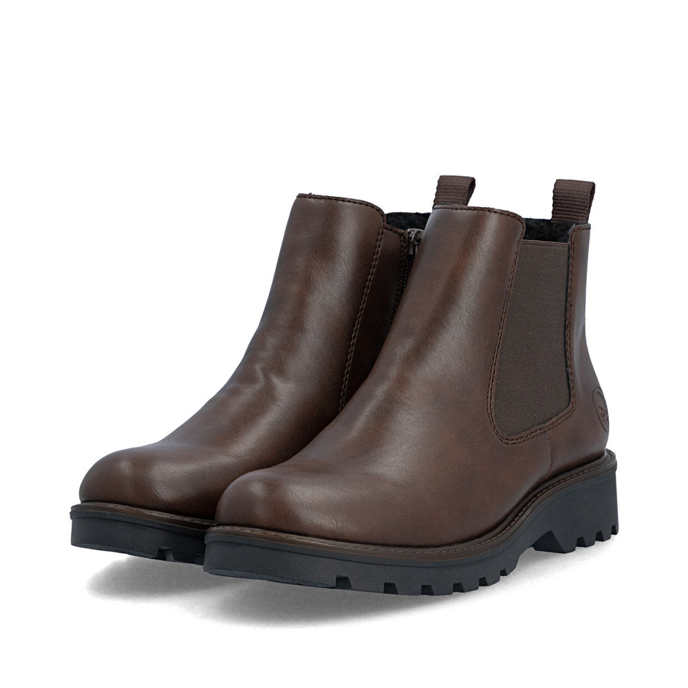 Rieker 73250-25 women's brown side zip ankle boots, paired three-quarter view.