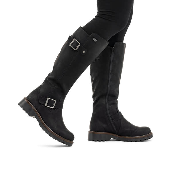 Rieker 73292-00 women's black water resistant side zip mid-calf boots, lifestyle view 1 of 17.