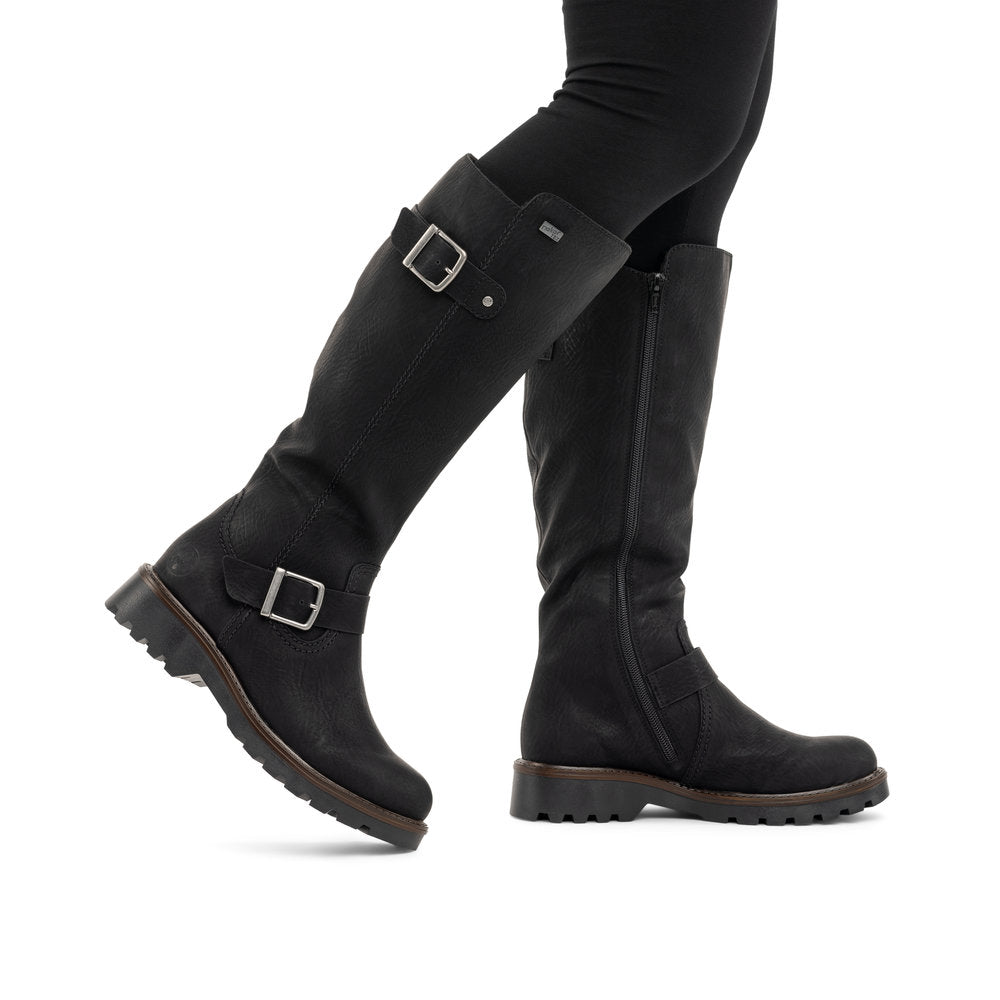 Rieker 73292-00 women's black water resistant side zip mid-calf boots, lifestyle view 2 of 17.