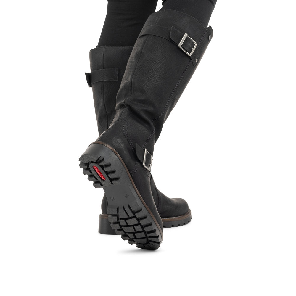 Rieker 73292-00 women's black water resistant side zip mid-calf boots, lifestyle view 4 of 17.