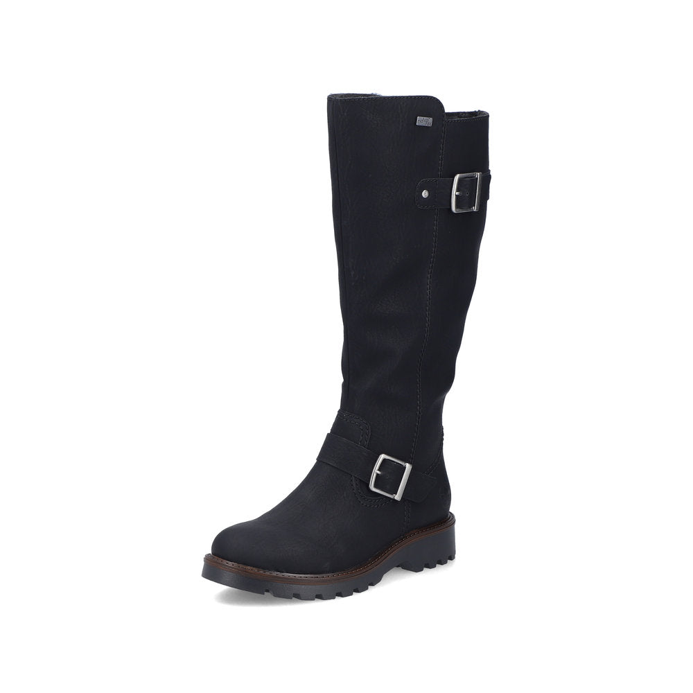 Rieker 73292-00 women's black water resistant side zip mid-calf boots, front three-quarter view.
