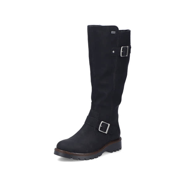 Rieker 73292-00 women's black water resistant side zip mid-calf boots, front three-quarter view.