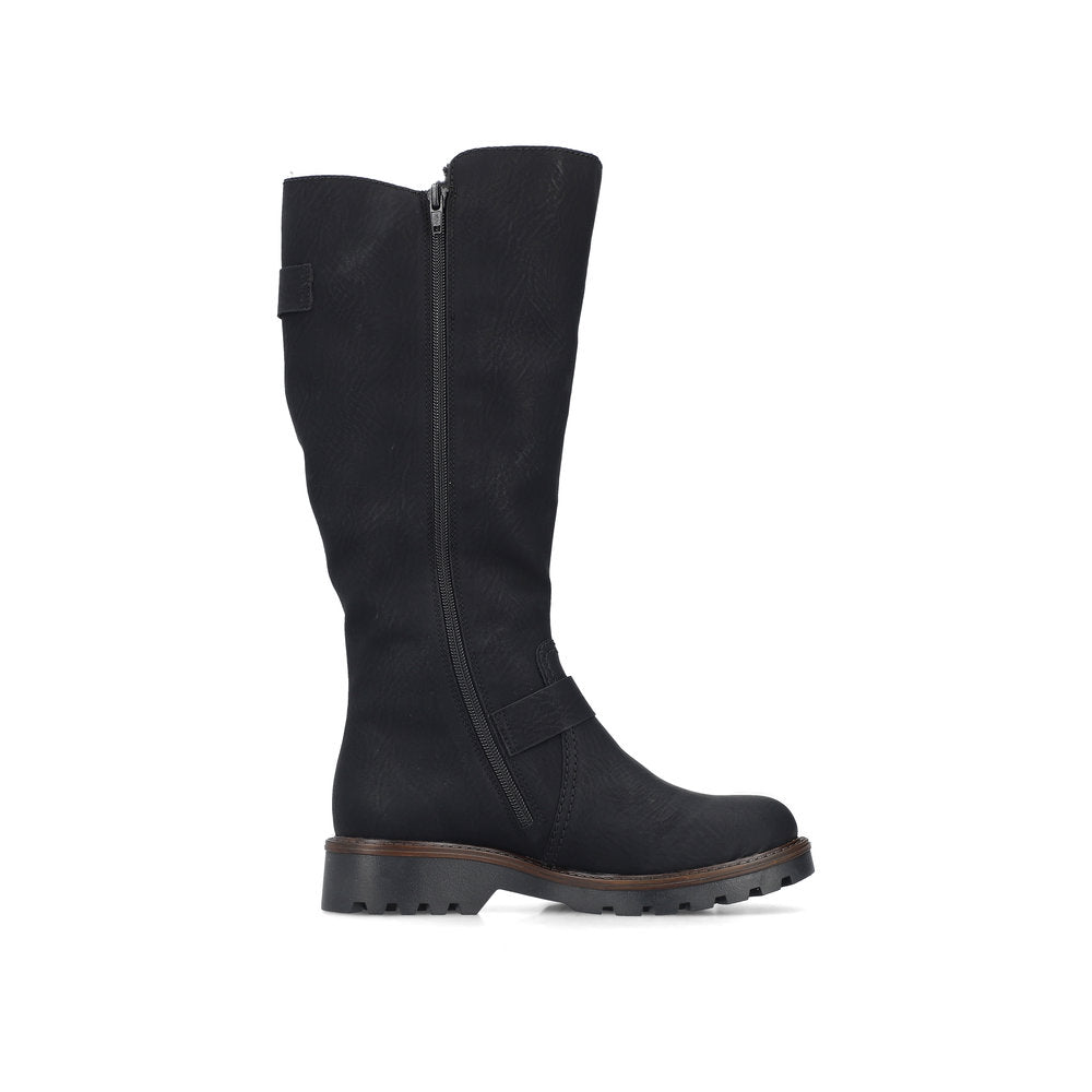 Rieker 73292-00 women's black water resistant side zip mid-calf boots, outer side view.