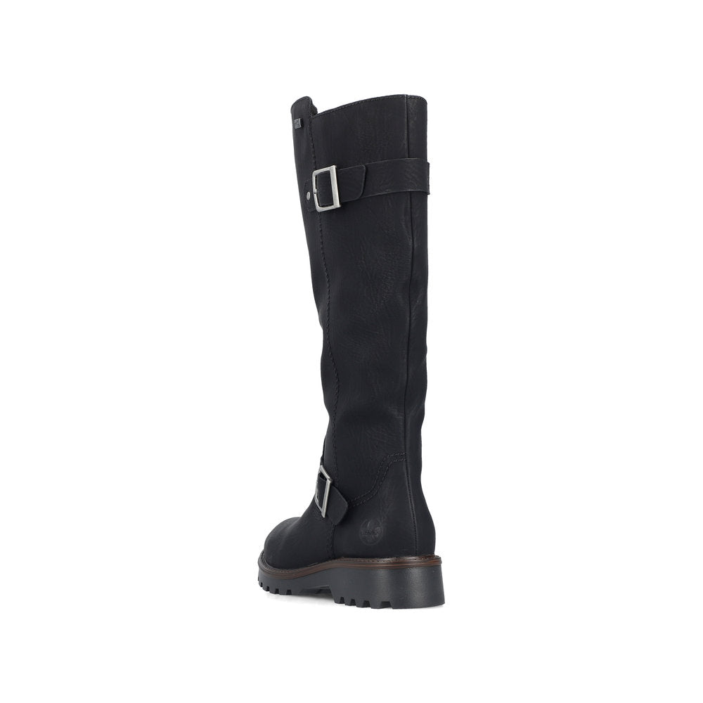 Rieker 73292-00 women's black water resistant side zip mid-calf boots, rear three-quarter view.
