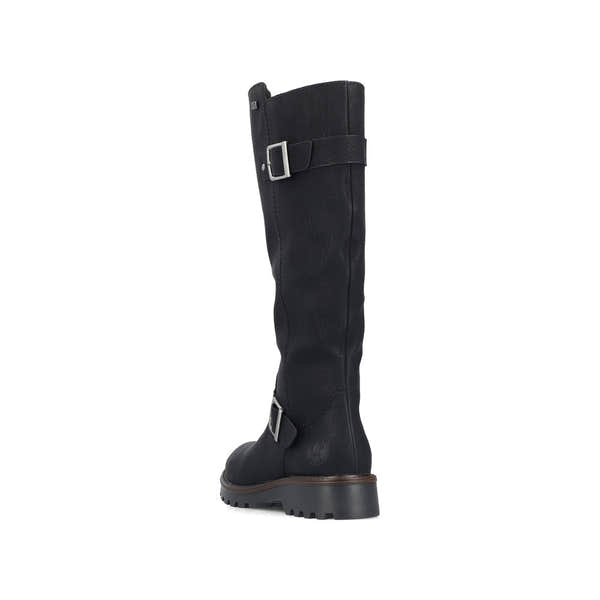 Rieker 73292-00 women's black water resistant side zip mid-calf boots, rear three-quarter view.