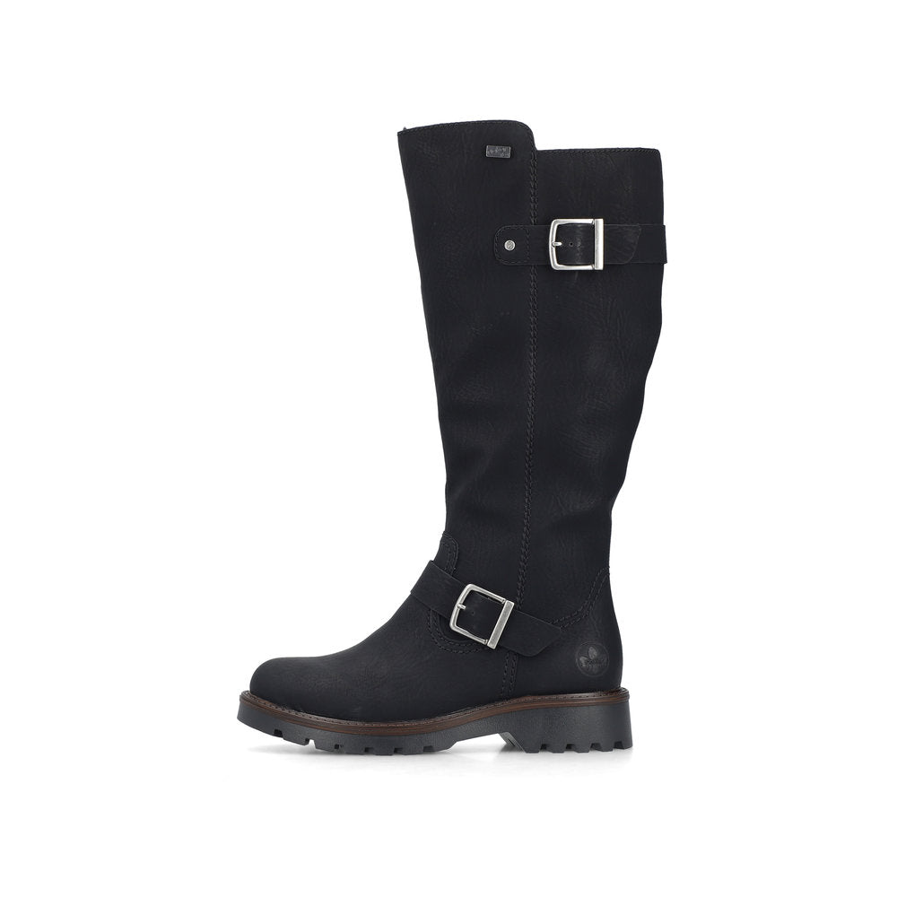 Rieker 73292-00 women's black water resistant side zip mid-calf boots, inner side view.