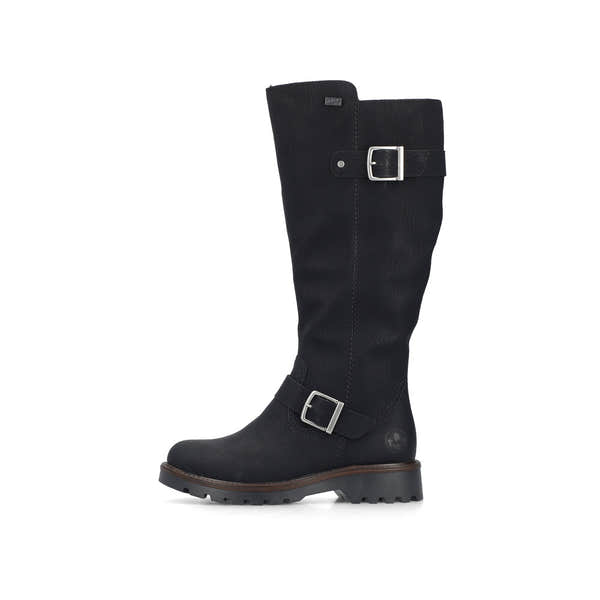 Rieker 73292-00 women's black water resistant side zip mid-calf boots, inner side view.