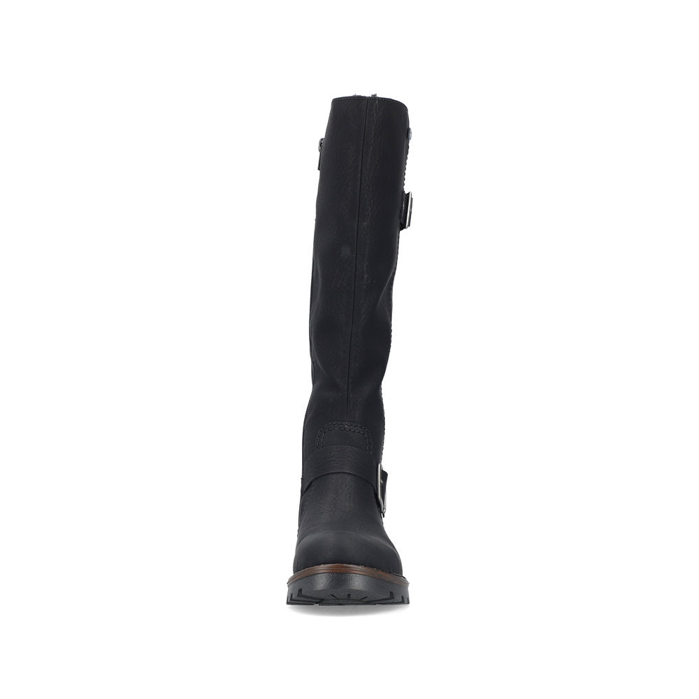 Rieker 73292-00 women's black water resistant side zip mid-calf boots, front view.
