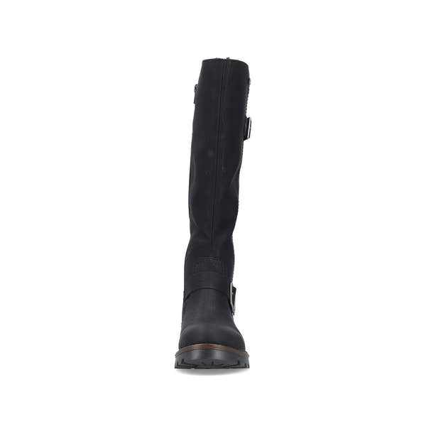 Rieker 73292-00 women's black water resistant side zip mid-calf boots, front view.