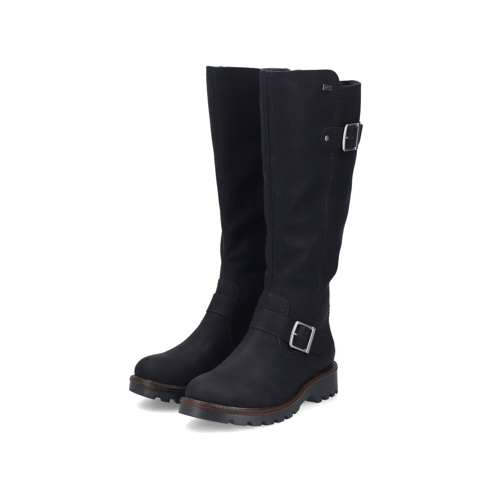 Rieker 73292-00 women's black water resistant side zip mid-calf boots, paired three-quarter view.