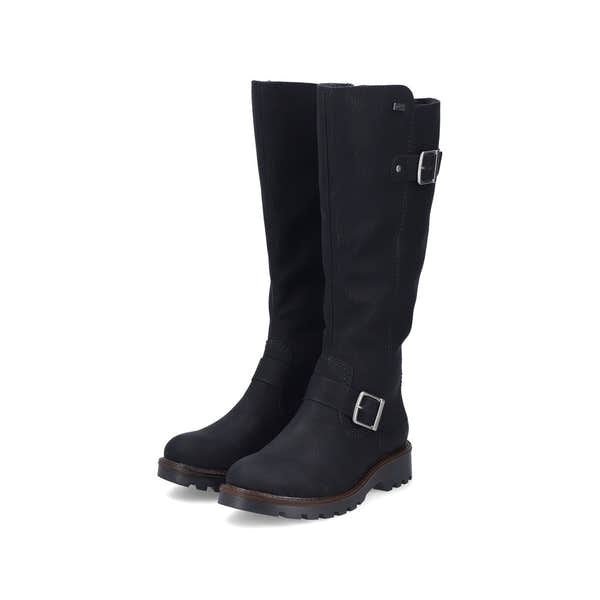 Rieker 73292-00 women's black water resistant side zip mid-calf boots, paired three-quarter view.